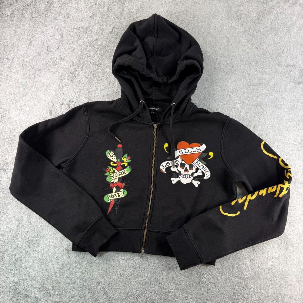 Ed Hardy Womens L Black Zip Hoodie Love Kills Slowly No More War Y2K Skull